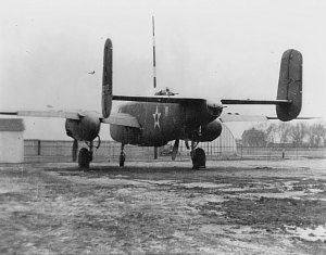 Picture 5 - This newly acquired photo is of plane #2242 at Wold-Chamberlin Field.  This B-25 was flown by Capt. Ed York and was the 8th plane to launch from the deck of the USS Hornet and the only plane to survive the raid on Tokyo.  Capt. York safely landed this aircraft a Russian airfield about 40 miles north of Vladivostok. This same aircraft is seen in Picture 4 along side the Mid-Continent Airlines Hangar.  (Courtesy: Tom Norrbohm)